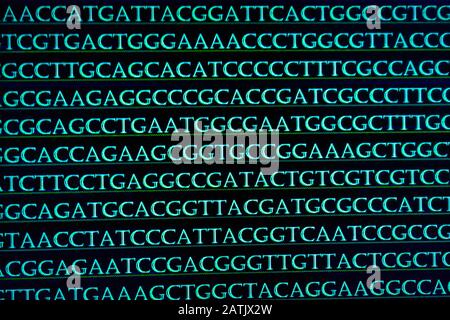 Abstrakter Hintergrund, genetischen Code. Sequenz von Nukleotidbasen in einem DNA-Fragment. Stockfoto