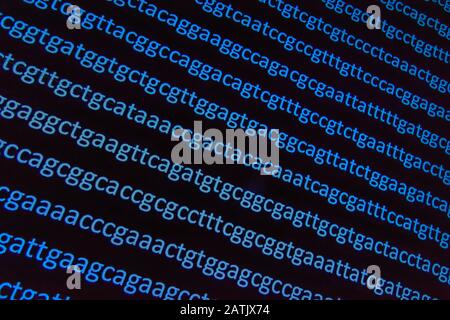 Abstrakter Hintergrund, genetischen Code. Sequenz von Nukleotidbasen in einem DNA-Fragment. Stockfoto