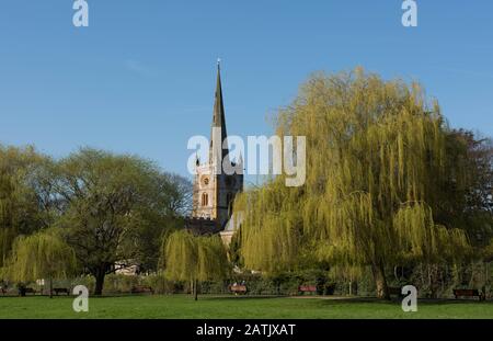 Weinender Weidenbaum (Salix x sepulcralis 'Chrysocoma') am Ufer des Flusses Avon mit der Kirche Spire der Heiligen Dreifaltigkeit im Hintergrund Stockfoto