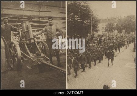 Beschreibung: Ein Minenwerfer, der von den Deutschen nach Metzeral (Elsaß-Münster) gefangengenommen wurde. - Im elsässischen nahmen Deutsche Einnahmen zu Fuß an einer Straße nach St. Dié (Lorraine) und begleitet von französischen Dragoner. Anmerkung: Französische Postkarte mit holländischem Text und zwei Fotos. Datum: {1914-1918} Ort: Elsaß, Frankreich, Saint die Schlüsselwörter: 1. Weltkrieg, Fronten, Gewehre, Kriegsgefangene, Soldaten Stockfoto