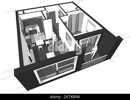 Perspektivischen Cutaway Diagramm eines mit 1 Schlafzimmer-Wohnung komplett möbliert Stock Vektor