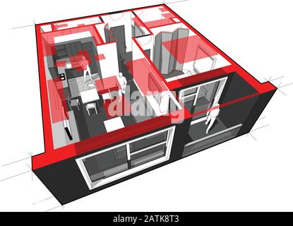 Perspektivischen Cutaway Diagramm einer Einzimmer-Wohnung komplett möbliert mit roten Grundriss Overlay oben Stock Vektor