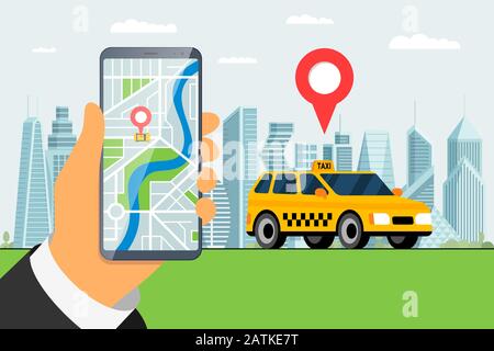 Taxi bestellen Service App Konzept. Hand hält Smartphone mit Geotag gps Position PIN Ankunft Adresse auf Stadtplan und moderne gelbe Kabine. Online erhalten taxicab Anwendung flach eps Vektor Illustration Stock Vektor