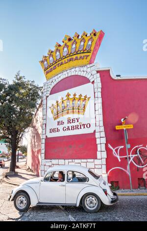 Ein alter Volkswagen Käfer fährt an dem hell gemalten Restaurant El Rey del Cabrito im Barrio Antiguo oder dem Viertel Spanish Quarter neben dem Macroplaza Grand Plaza in Monterrey, Nuevo Leon, Mexiko vorbei. Stockfoto