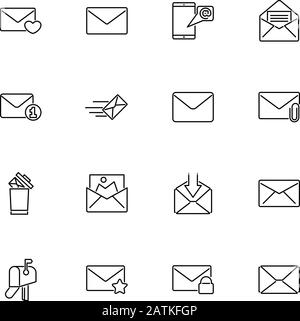 Mail, Umschlag, Letter Outline Icons Set - Black Symbol auf weißem Hintergrund. Post, Umschlag, Buchstabe Simple Illustration Symbol - Lined Simplicity Sign Stock Vektor