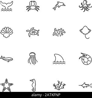 Marine Life, Sea Animal Outline Icons Set - Black Symbol auf weißem Hintergrund. Marine Life, Sea Animal Simple Illustration Symbol - Lined Simplicity Si Stock Vektor