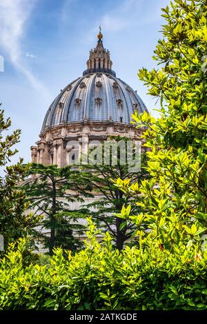 ROM, Vatikanstadt/Italien - 2019/06/15: Panoramablick auf den Petersdom - den Petersdom - den San Pietro in Vaticano - die Kuppel von Michelangelo Buonarotti Stockfoto