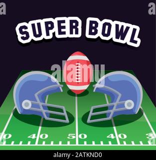 Helme und Ball über dem Feld, Super Bowl american Football Sport Hobby Wettbewerb Spiel Trainingsausrüstung Tournement und Spiel Thema Vector Illustration Stock Vektor