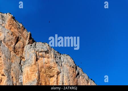 Raubvögel fliegen über die felsigen Berge von Congost de Mont-Rebei in Spanien Stockfoto