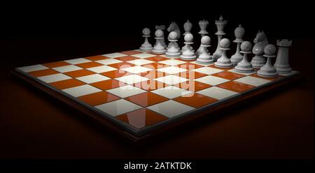 Schachbrett mit hellbraunen und weißen Quadraten mit ordentlichen weißen Stücken, bevor das Spiel auf einer dunkelbraunen Oberfläche auf schwarzem Hintergrund gestartet wird. 3D Illu Stockfoto