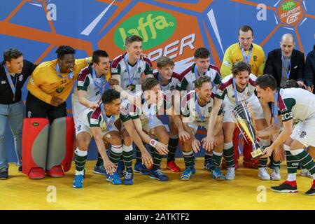 2020 Herren Jaffa Super 6s Finale Surbiton gegen Holcombe aus dem Copperbox Arena inn, dem Hallenwettbewerb England Hockey Stockfoto