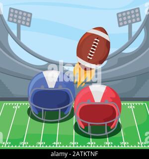 Helme und Ball über dem Feld, Super Bowl american Football Sport Hobby Wettbewerb Spiel Trainingsausrüstung Tournement und Spiel Thema Vector Illustration Stock Vektor