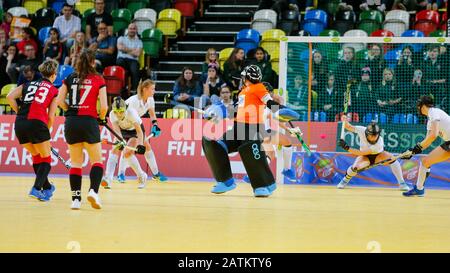 2020 Damen Jaffa Super 6s Finale Buckingham / Bowdon Hightown aus dem Copperbox Arena inn, dem Hallenwettbewerb England Hockey Stockfoto