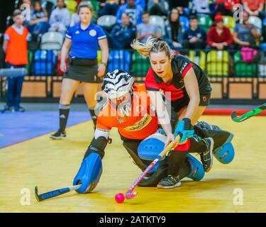 2020 Damen Jaffa Super 6s Finale Buckingham / Bowdon Hightown aus dem Copperbox Arena inn, dem Hallenwettbewerb England Hockey Stockfoto