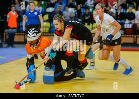 2020 Damen Jaffa Super 6s Finale Buckingham / Bowdon Hightown aus dem Copperbox Arena inn, dem Hallenwettbewerb England Hockey Stockfoto