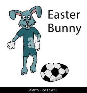 Osterhase in einem Trainingsanzug startet ein Osterei in Form eines Fußballballs, weißer Hintergrund isolierte Cartoon-Stock-Vektorgrafiken Stock Vektor