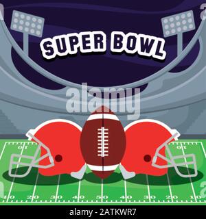 Helme und Ball über dem Feld, Super Bowl american Football Sport Hobby Wettbewerb Spiel Trainingsausrüstung Tournement und Spiel Thema Vector Illustration Stock Vektor