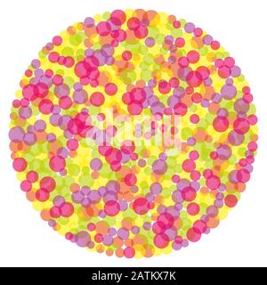 Kreisform mit bunten Kreisen. Zufällig platzierte und überlappende Punkte mit roter, gelber, grüner, violetter und rosafarbener Farbe. Stockfoto
