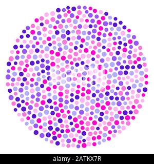 Kreisform mit pinkfarbenen und violetten Kreisen. Zufällig platzierte Punkte mit pinkfarbener und violetter Farbe, die einen kreisförmigen und gepunkteten Bereich bilden. Stockfoto