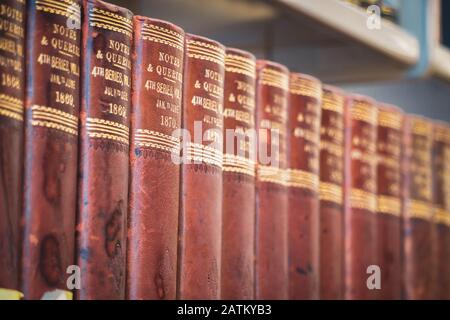 Eine Reihe roter Bücher, die elegant auf einem Bücherregal platziert sind Stockfoto