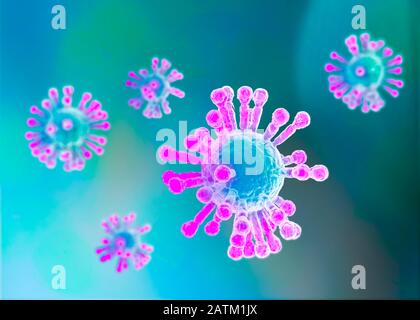 Mikroskopische Sicht auf Coronavirus, einen Erreger, der die Atemwege angreift. Ansteckung. Analyse und Test, Experimentieren. 2019-nCoV. Sars. Stockfoto