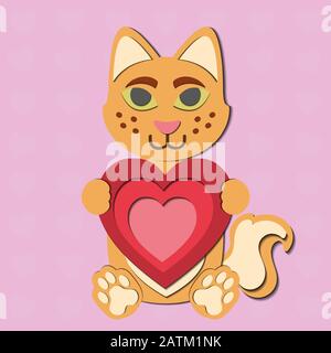 Eine Valentinstag Vektor-Zeichnung einer niedlichen Papier ausgeschnittenen Katze, die ein rotes Herz in den Pfoten hält. Das Tier ist rot/orange auf blauem Grund. Stock Vektor