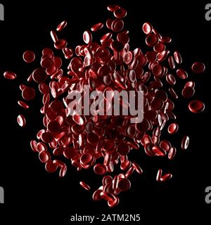 Rote Blutkörperchen verschüttet auf schwarzem Hintergrund. 3D-Abbildung, konzeptionelles Bild. Beschneidungspfad enthalten. Stockfoto