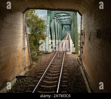 Blick auf eine Brücke über den Fluss Shimanto von einem Zug der Shikoku Railway Company (JR Shikoku), der in einen Tunnel der Yodo-Linie in Kochi Prefectu einmünde Stockfoto