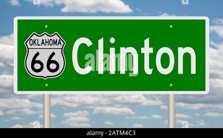 Rendering einer grünen 3D-Autobahn-Beschilderung für Clinton Oklahoma auf der Route 66 Stockfoto