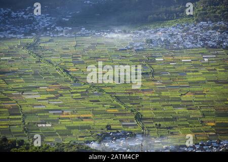 Ansicht von oben, beeindruckende Luftaufnahme der Sembalun Dorf mit dem landwirtschaftlichen Feldern beleuchtet bei Sonnenaufgang. Stockfoto