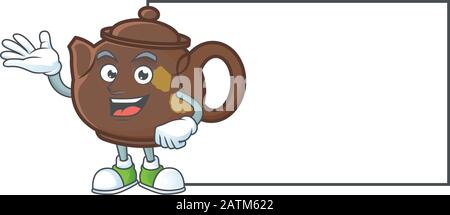 Smiley-Teekanne mit Whiteboard-Cartoon-Charakterdesign Stock Vektor