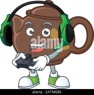 Cooles Teekoot-Maskottchen mit Kopfhörer und Controller Stock Vektor