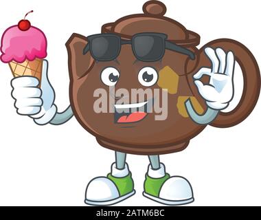 Teekoot-Maskottchen-Cartoon-Design mit Eiscreme Stock Vektor