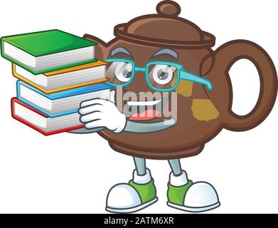 Cooler und cleverer Studenten-Teekoot-Maskottchen-Cartoon mit Buch Stock Vektor