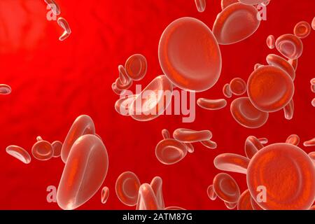 Blut und rote Blutkörperchen, abstrakte Konzeption, Leben und Gesundheit, 3D-Rendering. Digitale Zeichnung des Computers. Stockfoto