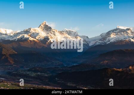 Machapuchare Blick auf den Sonnenaufgang in Dhampus Pokhara Nepal. Stockfoto