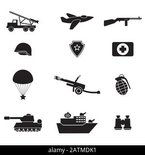 Sammlung von schwarzen Silhouetten-Ikonen der Armee auf einem weiß isolierten Hintergrund. Vektorbild Stock Vektor