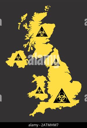 Abbildung der Viruszeichen "Biohazard" in Großbritannien in schwarz-gelb Stock Vektor