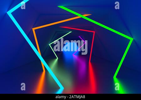3D-Rendering-Hintergrund, leuchtende Linien, Neonlichter, abstrakter psychedelischer Hintergrund, ultraviolette, leuchtende Farben Stockfoto