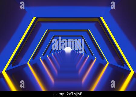 3D-Rendering-Hintergrund, leuchtende Linien, Neonlichter, abstrakter psychedelischer Hintergrund, ultraviolette, leuchtende Farben Stockfoto
