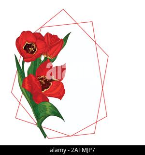 Blumenstrauß im Frühling. Rote Tulpen isoliert auf weißem Hintergrund Realistische botanische Skizze. Trend-Frame und -Position für Text. Vektor-Stil mit Aquarell Stock Vektor