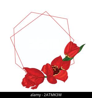 Blumenstrauß im Frühling. Rote Tulpen isoliert auf weißem Hintergrund Realistische botanische Skizze. Trend-Frame und -Position für Text. Vektor-Stil mit Aquarell Stock Vektor