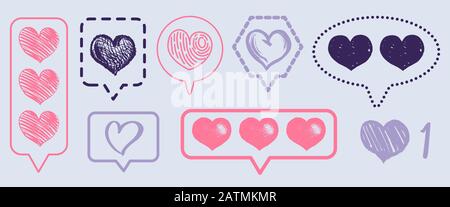 Social Media, Vintage Heart Like. Kommentarsymbole festgelegt. Follower- oder Benachrichtigungselemente für das Netzwerk. Handgezeichnete eingravierte monochrome Liebesskizze Vektor Stock Vektor