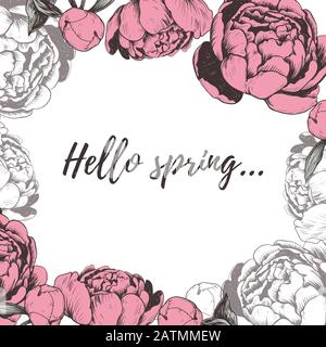 Hello Spring Schriftzug Peony Vector Illustration. Stock Vektor