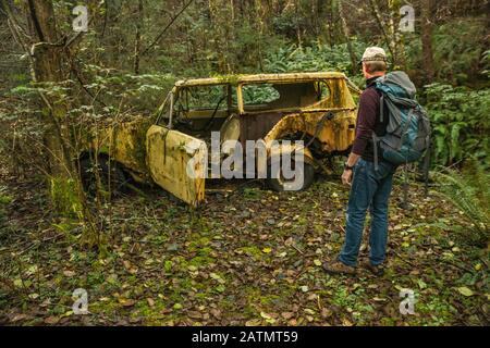 Wanderer auf Maude alias Maud Island Trail, mit Blick auf das alte, verlassene Geländefahrzeug im Regenwald, Quadra Island, British Columbia, Kanada