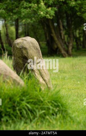 Derbyshire, Großbritannien, 03. Juni 2016: in der Nähe auf einem sarcen oder Standing Stone von neun Damen Steinkreis, der Bronzezeit Denkmal auf Stanton Moor Stockfoto