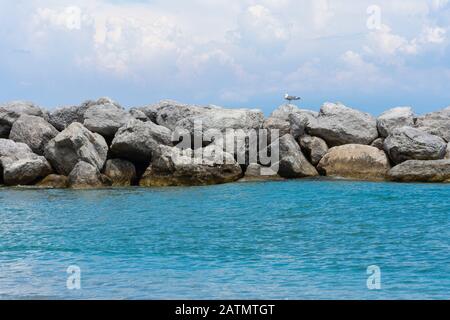 а Steinmauer im Meer mit einer Möwe, die auf ihnen thront. Stockfoto