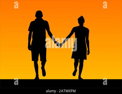 Silhouette eines Mannes- und Frauenpaares, das die Hände über den Sonnenhimmel hält Stock Vektor