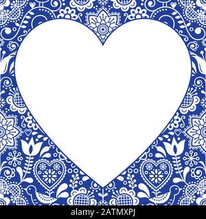 Valentinstag Grußkarte, Folk Heart Vector Design, skandinavischer Blumenhintergrund in weiß und marineblau Stock Vektor