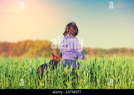 Glückliches kleines Mädchen mit einem Hund, der an einem sonnigen Sommertag auf einem Rasenplatz spazieren geht Stockfoto